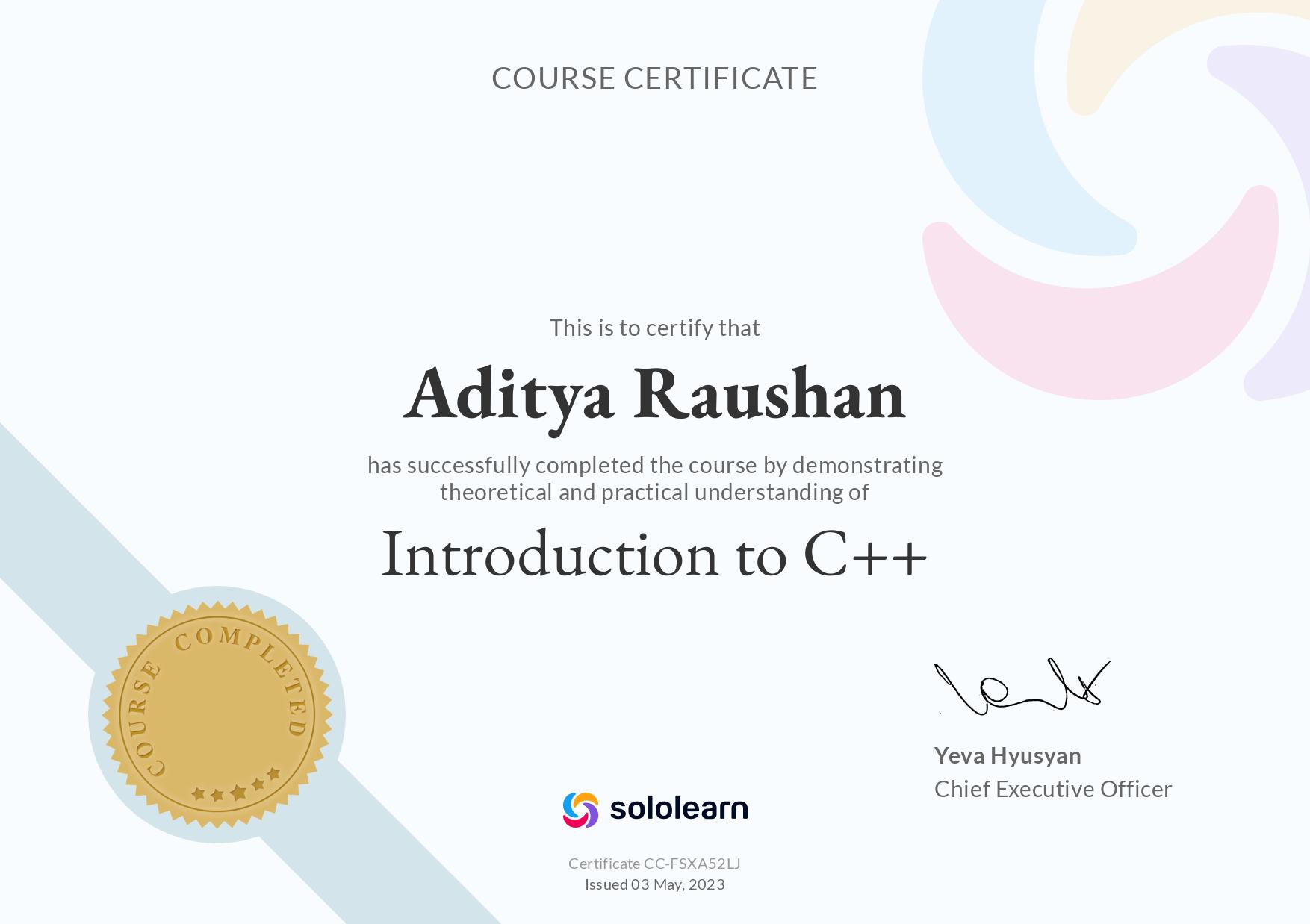 C++ Language Sololearn certificate