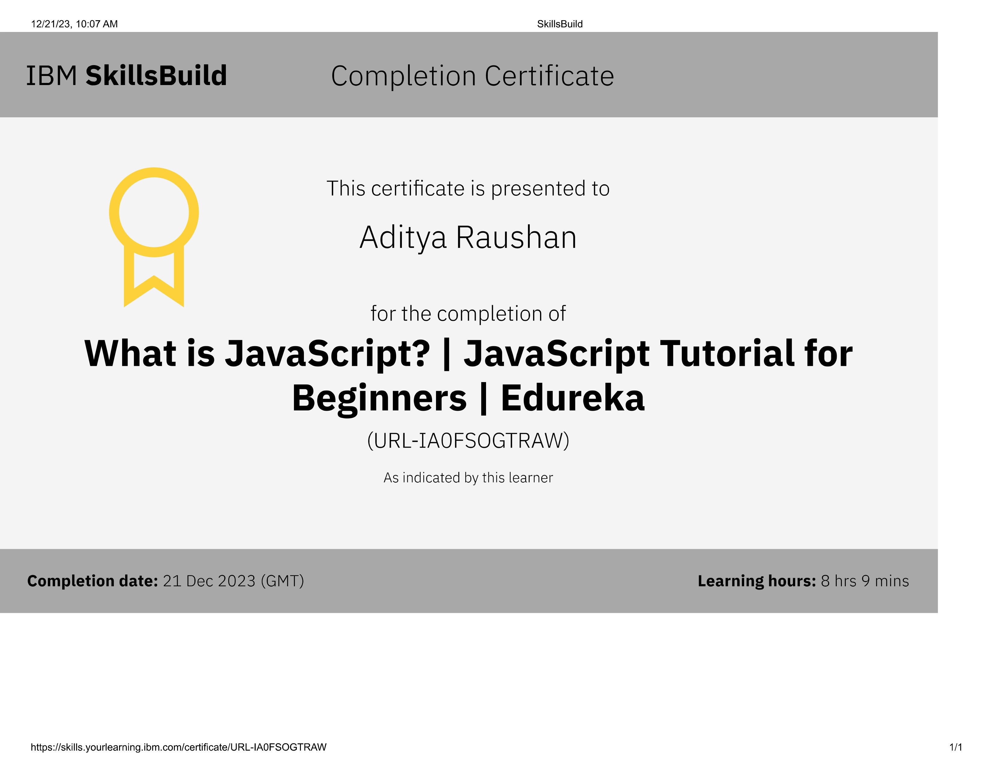 JavaScript Language IBM certificate